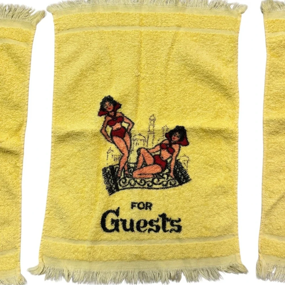Cannon Yellow Novelty Hand Towel Set 3 Boss Slave Guests Harem Pinup Vintage